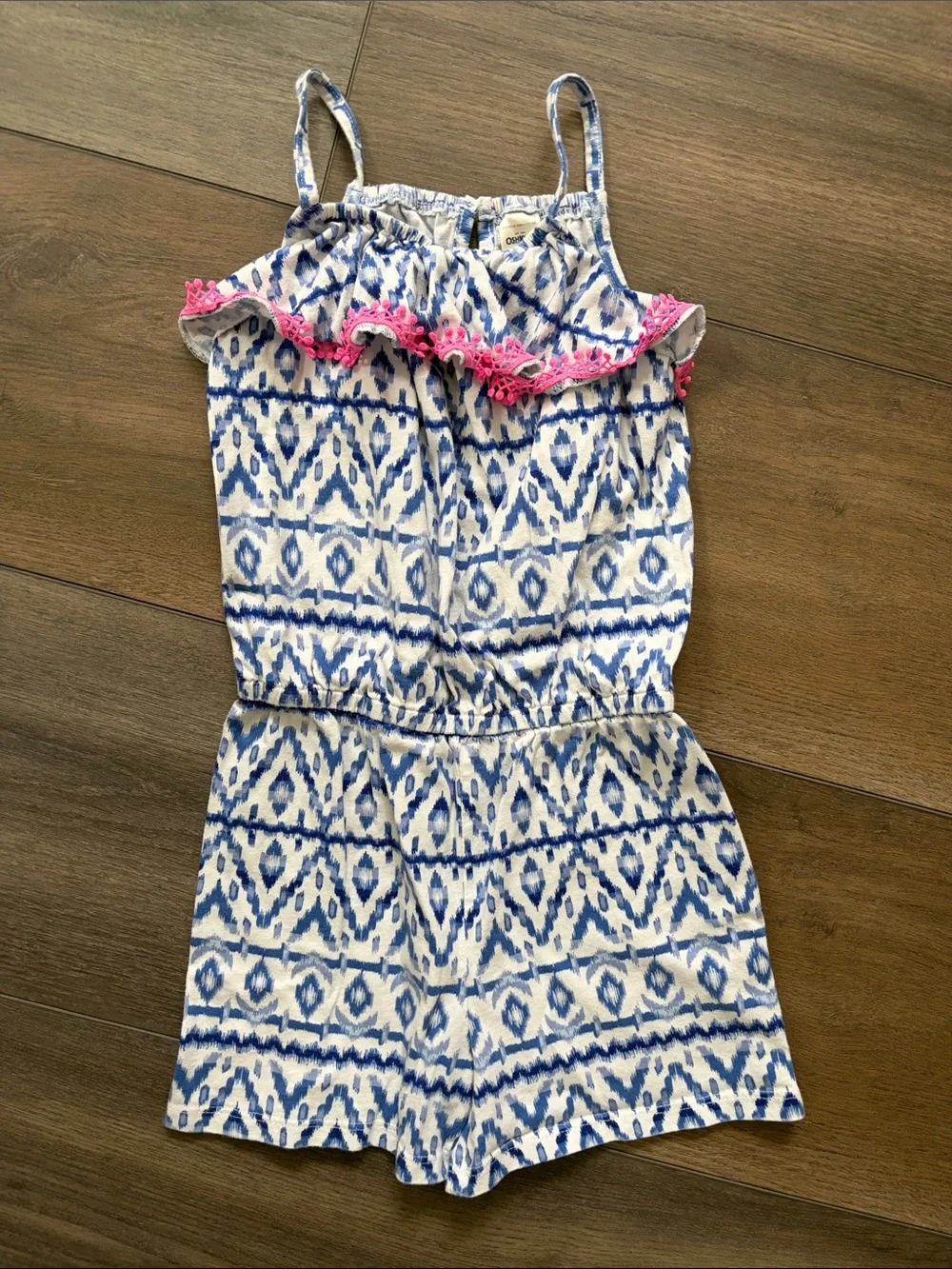 OshKosh B'gosh White & Blue Printed Girls Romper with Pink Trim